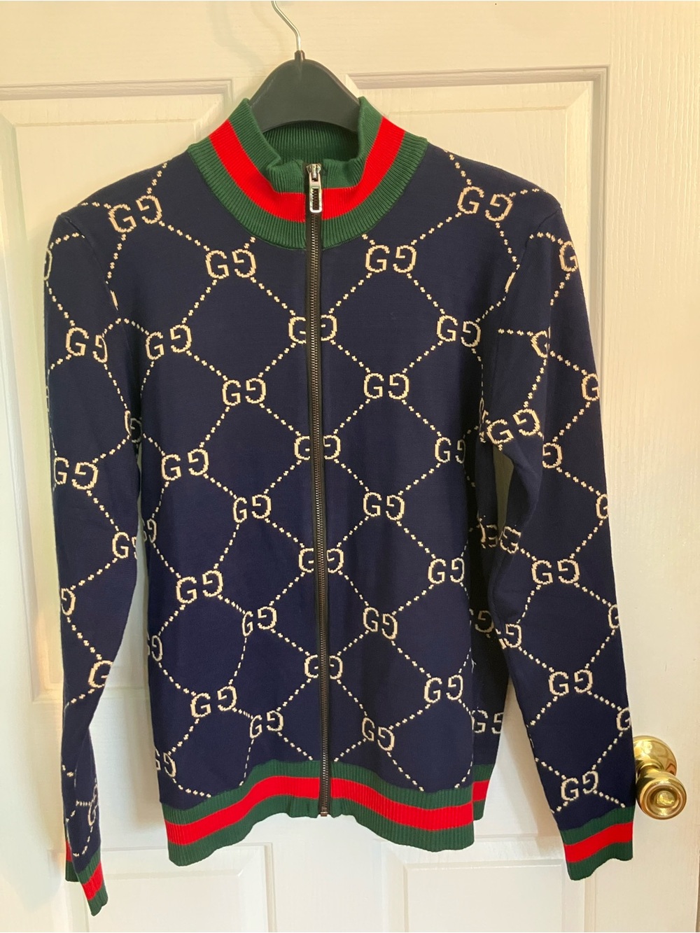 Gucci Navy GG Zip-Front Bomber Sweater with Green & Red Trim